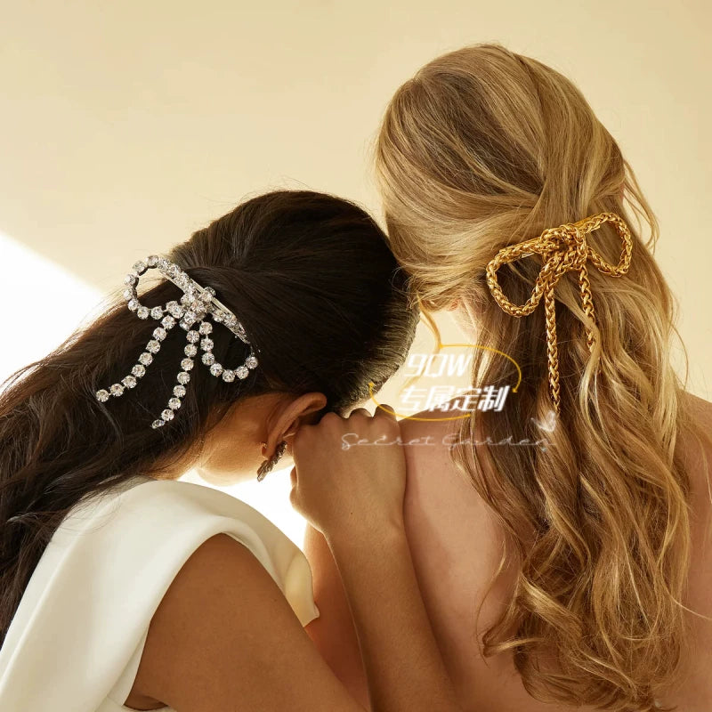 9QW French high-end woven chain bow hairpin elastic clip high-end sense personalized simple hair accessory headwear
