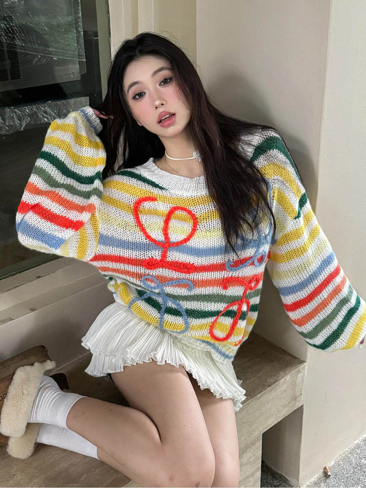 Preppy rainbow striped knitted sweater 2026 fall/winter new hot girl loose slimming versatile age-reducing top for women