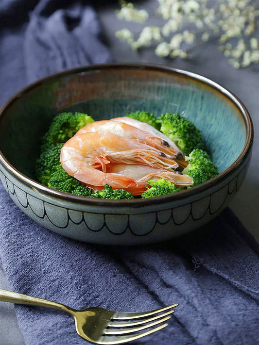Japanese and Korean Ceramic Bowl Creative Tableware Shallow Bowl Ramen Bowl Household Dish Rice Bowl Vintage Large Salad Bowl Soup Bowl