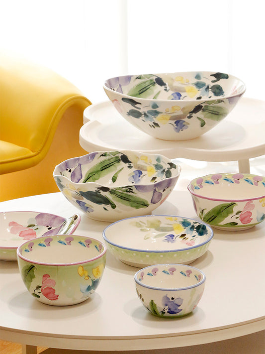 OMK Small Fresh Ceramic Noodle Bowl Creative Home Large Soup Bowl Fruit Salad Bowl Glazed Rice Bowl Combo