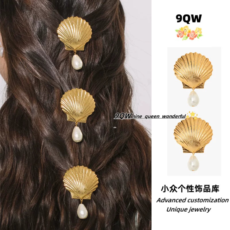 9QW European and American seaside resort style shell pearl hairpin duckbill clip shape versatile high-end hair accessories bangs clip