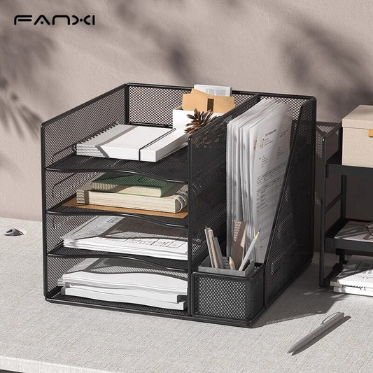 Metal document shelf, integrated file shelf with book, multi-layer desktop office storage, multi-function, installation-free