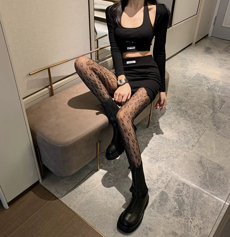 Coco Witch Vintage Leopard Print Jacquard Pantyhose Feminine Slimming Hollow Mesh Socks Black Understock Stockings Stockings