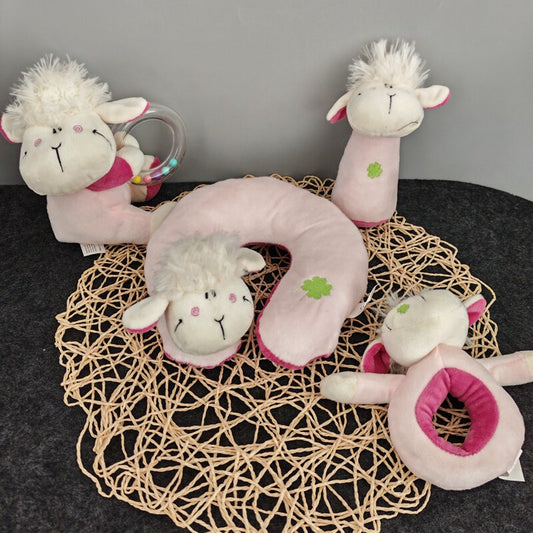 Oudan Rattle Pink Lamb Doll Soothing Baby Rattle Toy Newborn Wrist Bell Baby U-Pillow Combo