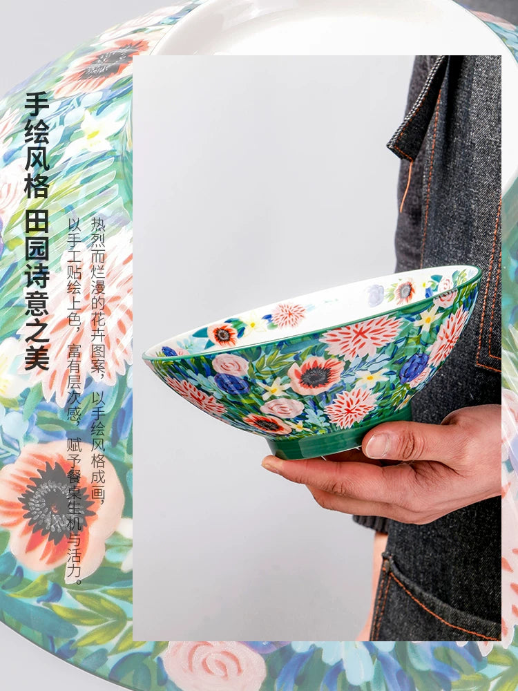 Light luxury retro flower art ceramic bowl household high value 8 inch powder salad bowl ins style tableware