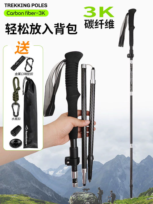 Outdoor 3k carbon fiber high-end five-section folding telescopic carbon trekking poles aluminum alloy ultra-short cane travel mountaineering
