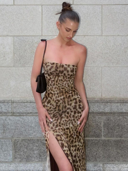 Beach and seaside resort style leopard print bandeau dress 2026 summer new hot girl slim hip slit long skirt