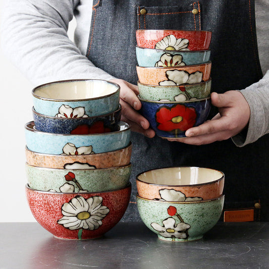 Creative Ceramic Bowl Household Hand-painted Rice Bowl Soup Bowl Salad Bowl Japanese Ramen Bowl Fashion Restaurant Tableware