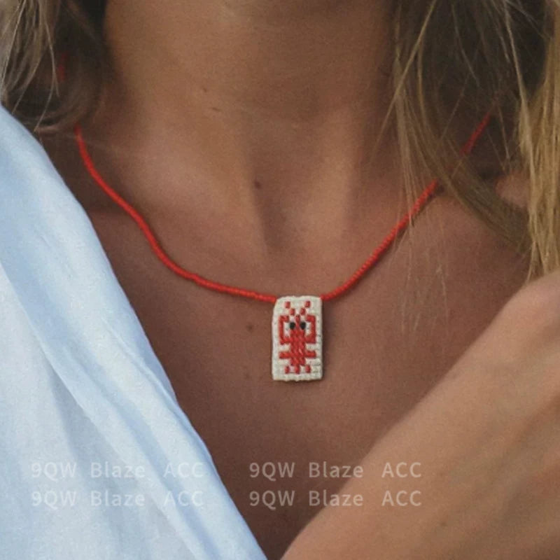 9QW European and American pixel retro style necklace sweet cool trendy play handmade beaded necklace layered versatile collarbone chain necklace