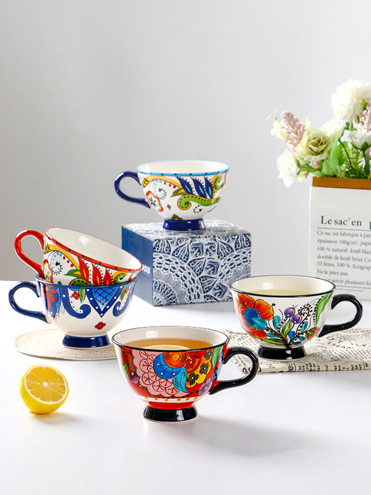 European and American creative breakfast cups, home pastoral ceramic cups, American coffee cups, personalized high-legged flower teacups