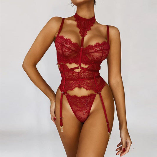 Hot lace fashion sexy temptation flirting uniform european and american foreign trade thin lace gathered garter bra women