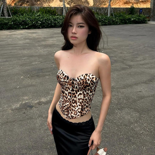 Sexy leopard print breasted tunic bandeau top 2026 summer new hot girl fashion versatile cropped T-shirt