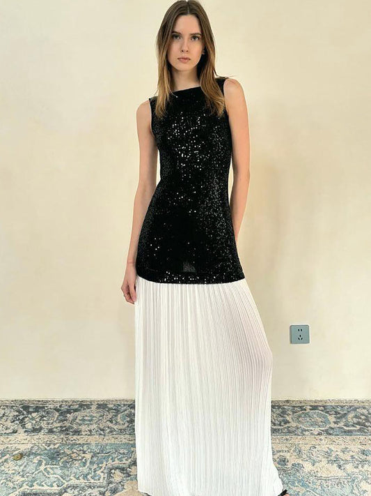 High-end sequin splicing sleeveless dress 2026 summer new hot girl slim slim sexy backless long skirt