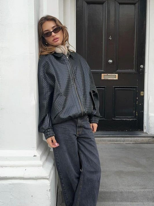 Faux woven leather vintage flight suit jacket 2026 fall new hot girl loose slim short jacket top