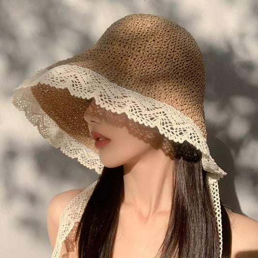 French lace sunshade straw hat women's summer big brim streamer bucket hat seaside foldable sunshade hat
