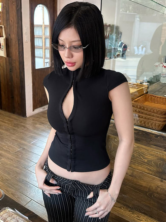 y2k solid color design with a sense of burst design waist short-sleeved top 2026 summer new hot girl slim slimming T-shirt