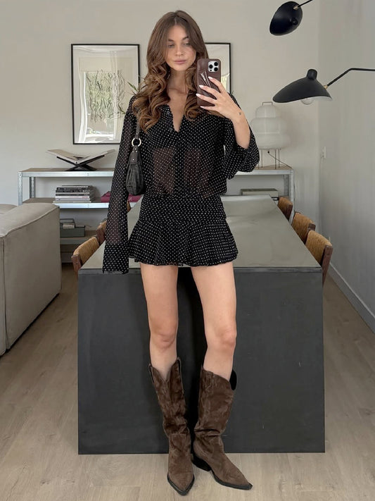American vintage polka dot print polka dot print polo collar shirt long sleeve dress 2026 fall new hot girl slim skirt