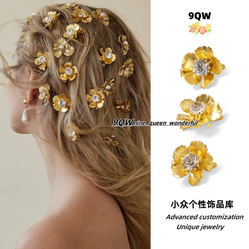 9QW new exaggerated metal flower hairpin ins high-end niche personality hair accessories versatile and cute little hairpin girl