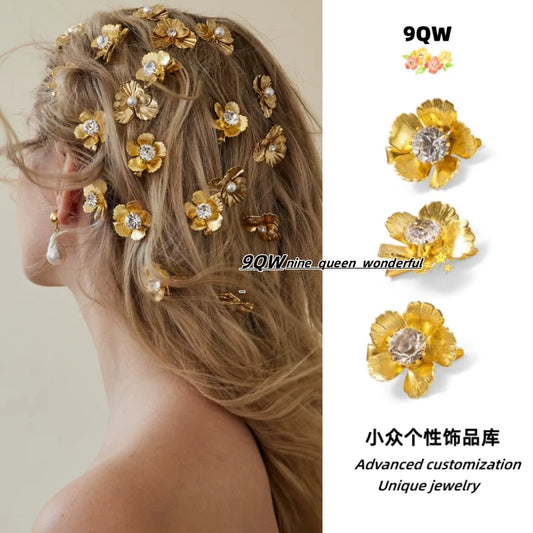9QW new exaggerated metal flower hairpin ins high-end niche personality hair accessories versatile and cute little hairpin girl
