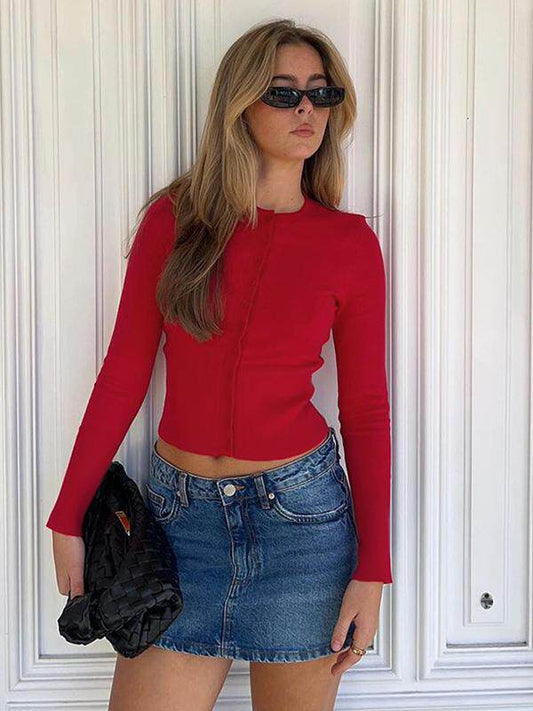 European and American style solid color high-end crew neck long-sleeved cardigan 2026 autumn and winter new hot girl slim slim short T-shirt
