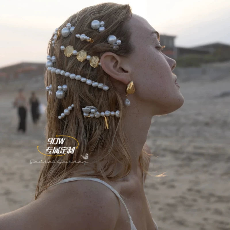 9QW Hawaiian resort style shell pearl hairpin niche high-end sense versatile side clip bangs clip hair accessory headdress