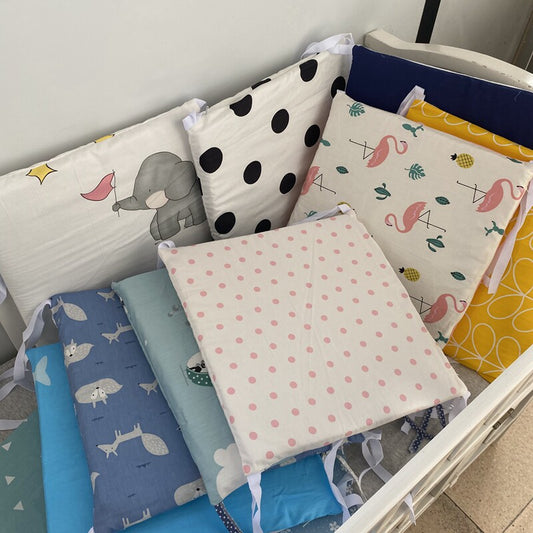 The heightened cotton breathable crib circumference is removable and washable, and the multi-functional crib bed is backed by anti-collision fences and windproof cushions