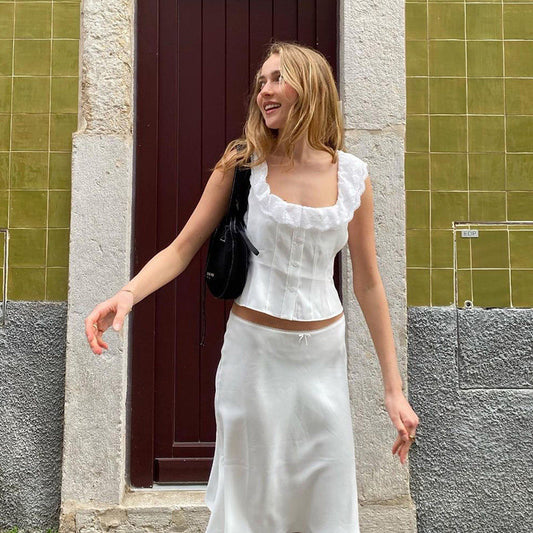 French lace white vest + low-waisted mermaid skirt two-piece set 2026 summer new set fairy
