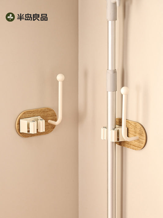 Bathroom Strong Adhesive Hook No Punching Walnut Grain Mop Wall Hanging Mop Broom Hook Bathroom Storage Rack Y