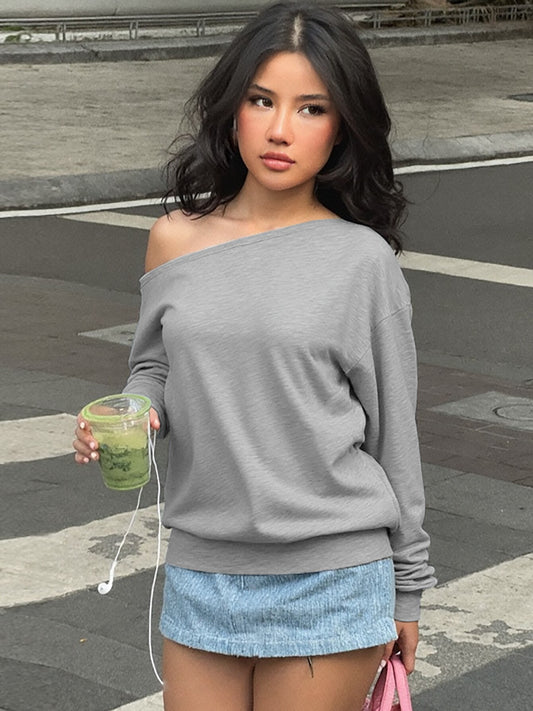 American retro simple solid color slanted shoulder long sleeve top 2026 fall new hot girl slim slim short T-shirt