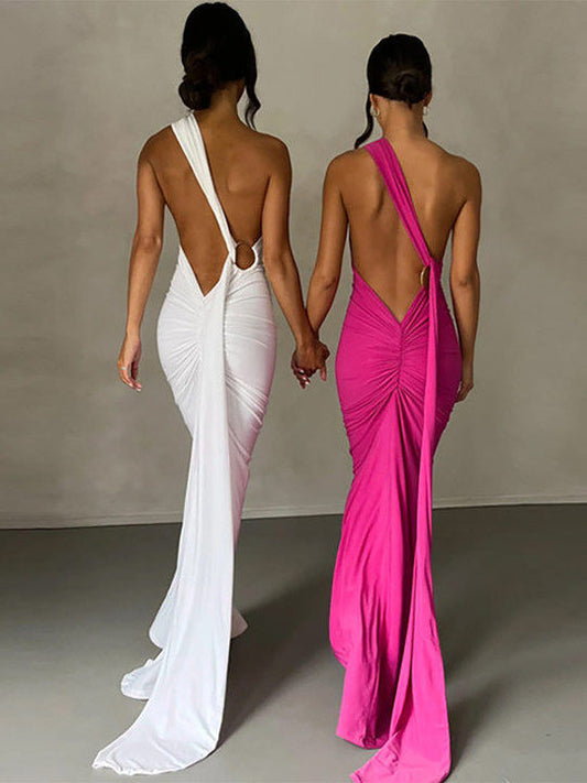 Seaside resort style sexy big open back solid color one-step skirt 2026 summer new banquet evening dress hip-hugging long skirt