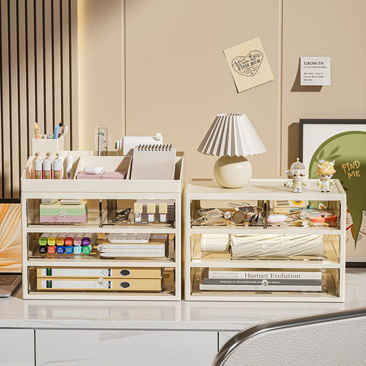 Desktop storage box, dormitory desk, stationery, books, drawer-type organizer box, dust-proof office, documents, transparent shelves