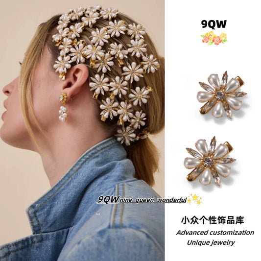 9QW homemade ins spring and summer new pearl flower hairpin women's high-end bangs clip side clip headdress hair accessories