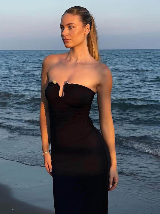 Vacation Feng Shui Drip Button Bandeau Dress 2026 Summer New Hot Girl Slim Slim Slim Hip Fishtail Long Skirt Woman