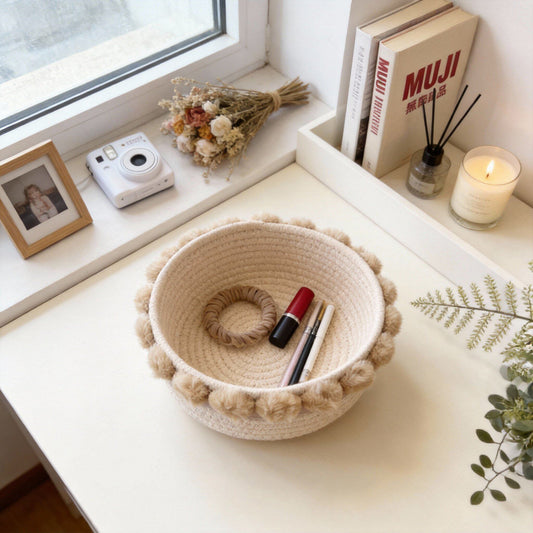 Creative cotton thread storage basket, woven basket, desktop remote control organizer box, utility basket, cute furball fabric storage basket