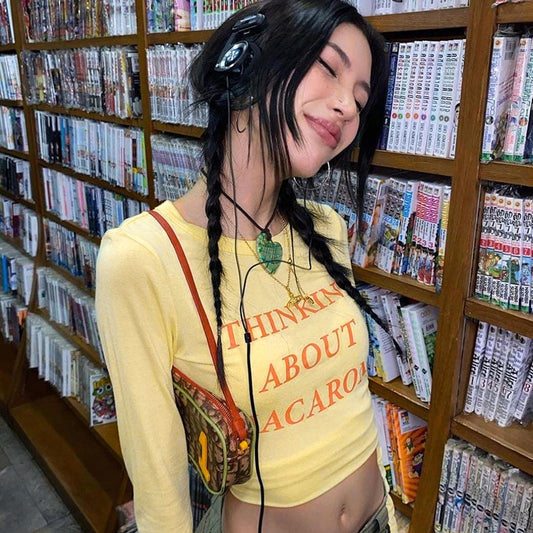 American retro fashion letter print crew neck long sleeve top 2026 early fall new hot girl crop top T-shirt