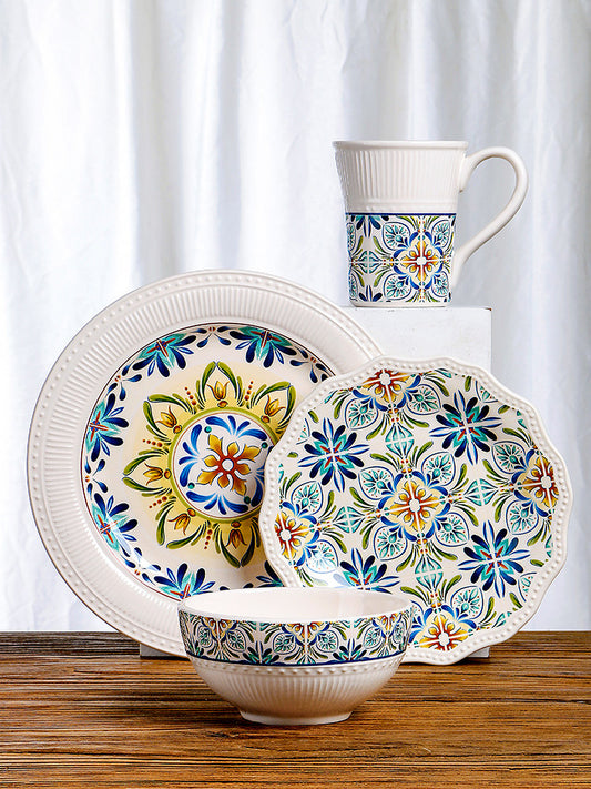 European and American Mediterranean ceramic plates home art relief Western pasta plate glazed medium color round flat plate combination