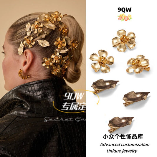 9QW Golden Forest ins popular flower leaf sweet cool hairpin bangs clip high-end versatile side clip