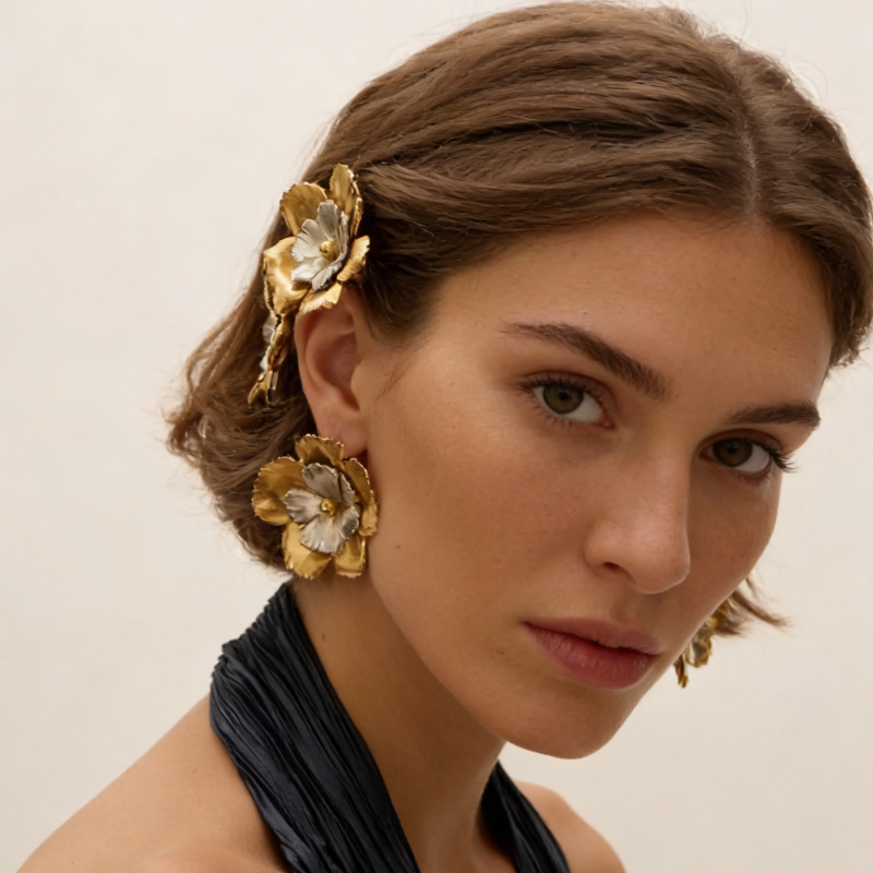 European and American retro two-color three-dimensional flower hair accessories, metal versatility, trendy women's contrasting hairpins, flower temperament hairpins