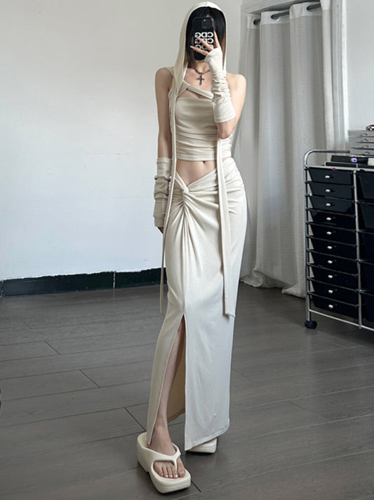 Dune style, high-end slanted shoulders, hooded vest + hip skirt, long skirt, two-piece set, hot girl fashion suit, trendy