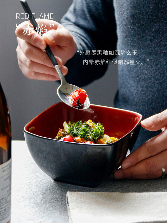 Vintage Red Ceramic Salad Bowl Personalized Restaurant Square Dish Bowl 6 Inch Creative Noodle Bowl Home Tableware