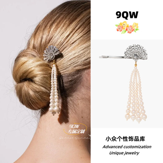 9QW new Chinese fan-shaped tassel plate hairpin hair accessories on the back of the head one-clip women's high-end temperament style hair accessories