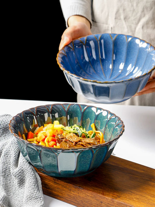 European and American fruit salad bowl vintage soup bowl 9 inch household irregular ceramic lace embossed bowl microwaveable