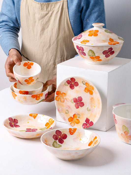 Japanese handmade ceramic bowls and plates hand-painted underglaze color plates household noodle bowls rice bowls with lids Soup bowls creative salad bowls