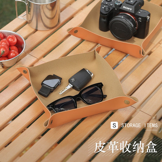 Outdoor camping leather storage box, desktop jewelry, keys, folding storage tray, bedroom car sundries storage box
