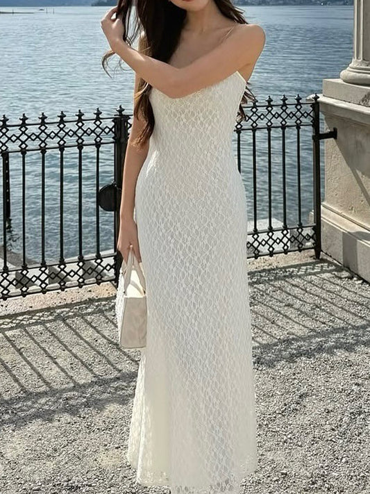 French elegance mesh lace camisole dress 2026 summer wear pure desire white slim long skirt