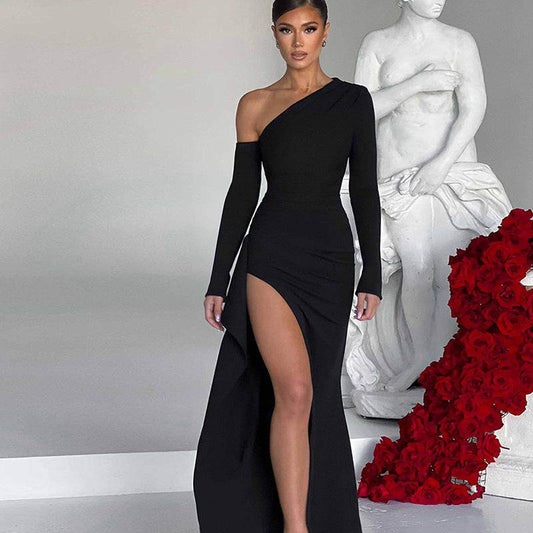 European and American foreign trade women's dresses, off-the-shoulder, hip irregular slits, autumn and winter skirts, slimming, high temperament, sexy
