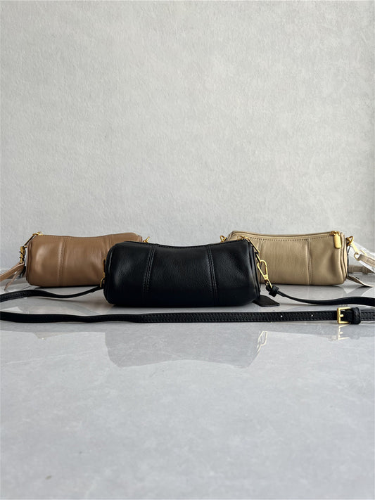 Foreign trade factory tail goods high-quality top-layer cowhide cylinder bag fashionable and versatile simple foreign style one-shoulder crossbody women's bag