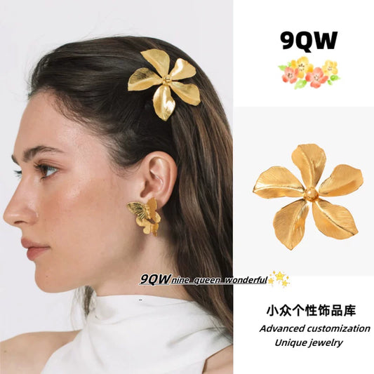 9QW homemade French temperament metal style duckbill flower hairpin gentle and high-end sense fresh side clip bangs clip
