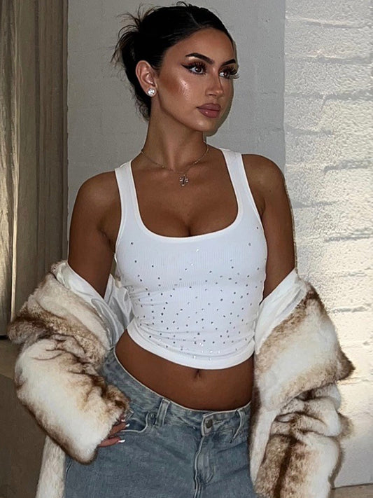 Solid color high-end hot diamond square neck camisole 2026 summer outfit hot girl slim slim and versatile bolero