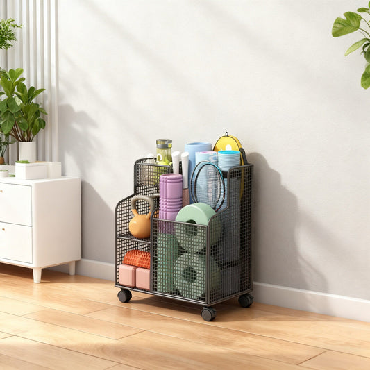Home sports fitness equipment storage rack yoga storage basket clamp seam home badminton basketball shelf with wheels